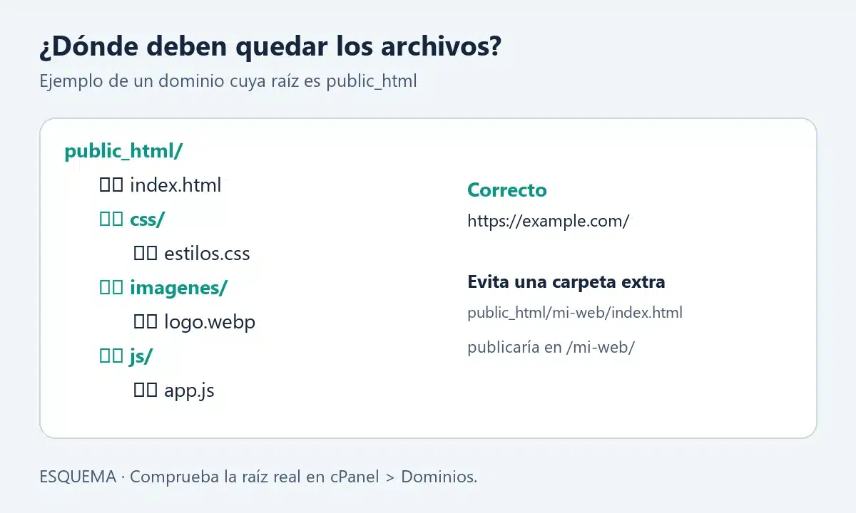 Ejemplo de index.html y sus recursos directamente dentro de public_html.
