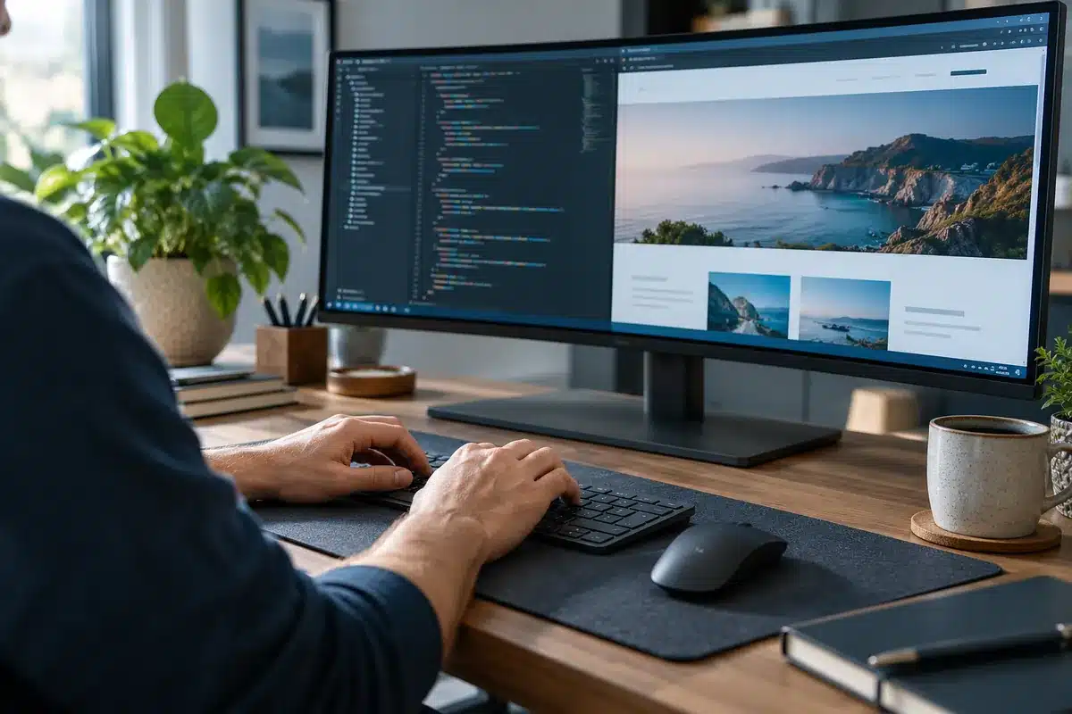 Escena ilustrativa de desarrollo web en un escritorio con monitor y teclado.